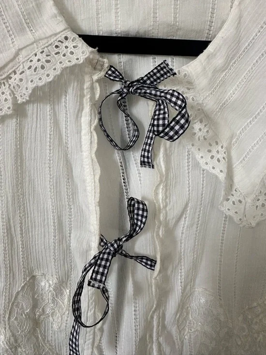 Kimchi Blue White Lace-Trim Sheer Blouse with Gingham Ties - Picture 2 of 6